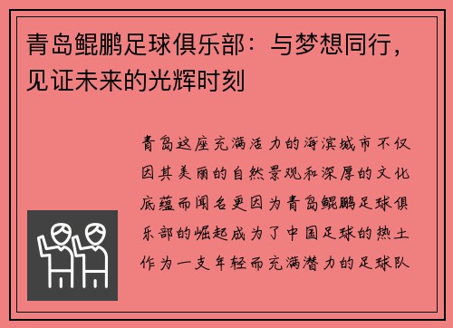青岛鲲鹏足球俱乐部:与梦想同行,见证未来的光辉时刻